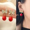 S925 Silver Needle Luxury Christmas Earrings with Red Pearl & Diamond, European & American Style