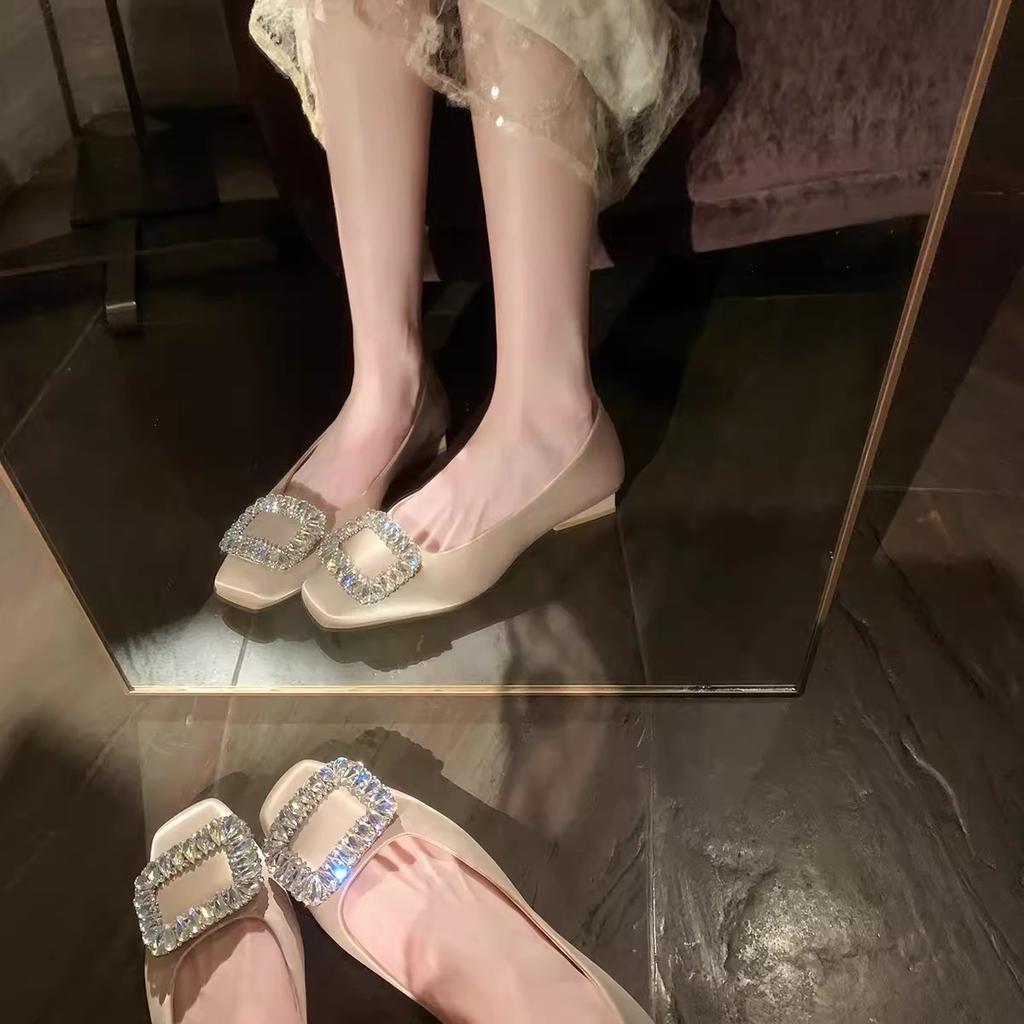 Grape mother has the same expensive square buckle rhinestone shallow mouth square head flat shoes for commuting and one pedal, genuine leather single 