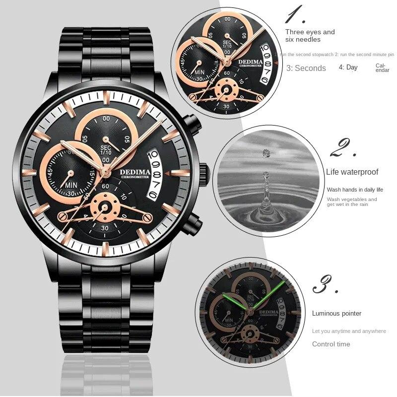 KINGNUOS Herrenuhr mit massivem Stahlarmband, wasserdicht, beschichtetes Glas, leuchtend, drei Augen, 6 Zeiger, Quarzuhr