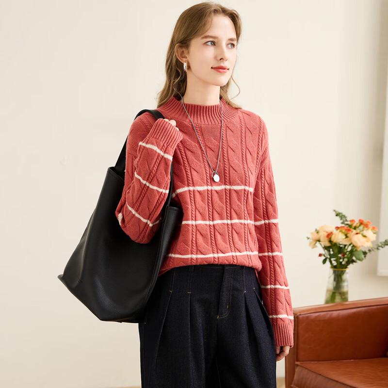 

TUHUANG Women s Striped Cable Knit 100% Merino Wool Mock Neck Pullover M