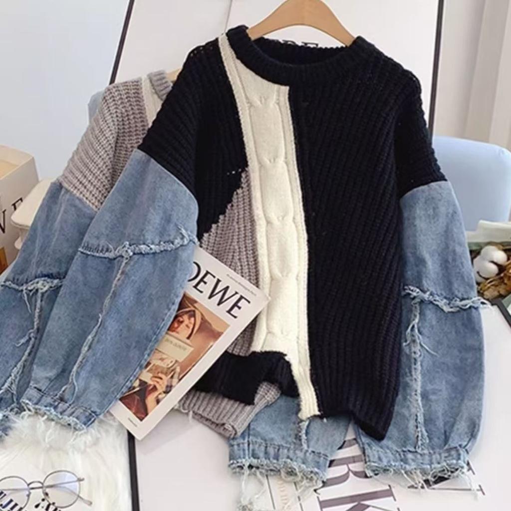 Jerséis de Punto Mohair de Manga Larga con Cuello Redondo y Parche de Mezclilla Deshilachada para Mujer, Suéteres Holgados Femeninos, Tops, Ropa de Mujer, Moda