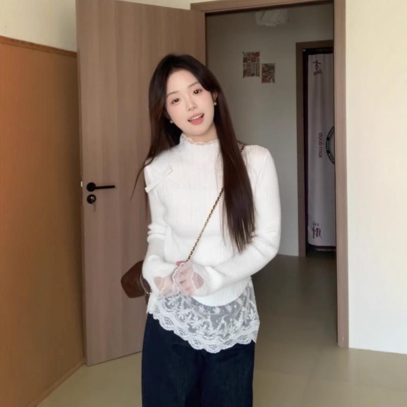 Temperament Fake Two-piece Lace Spliced Knitted Sweater for Women's Spring and Autumn Thin Inner Warm and Gentle Turtleneck Bottoming Shirt