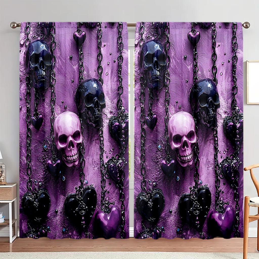 2pcs Terrifying Skeleton Chain Pendant Printed Curtain for Halloween Home Decor - Rod Pocket Window Treatment for Bedroom