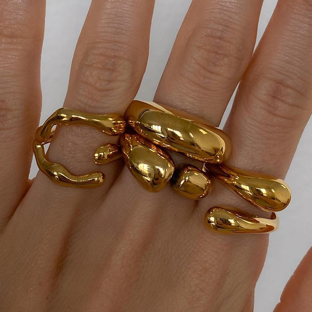 Youthway Mode Unregelmäßiger Metalltextur Offener Ring Edelstahl PVD-beschichtet Gold Damen Wasserdicht Stilvoller Schmuck