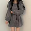Corduroy Sashes Dresses Women Korean Preppy Puff Sleeves Casual A Line Mini Dress Harajuku Elegant All Match Solid Dress