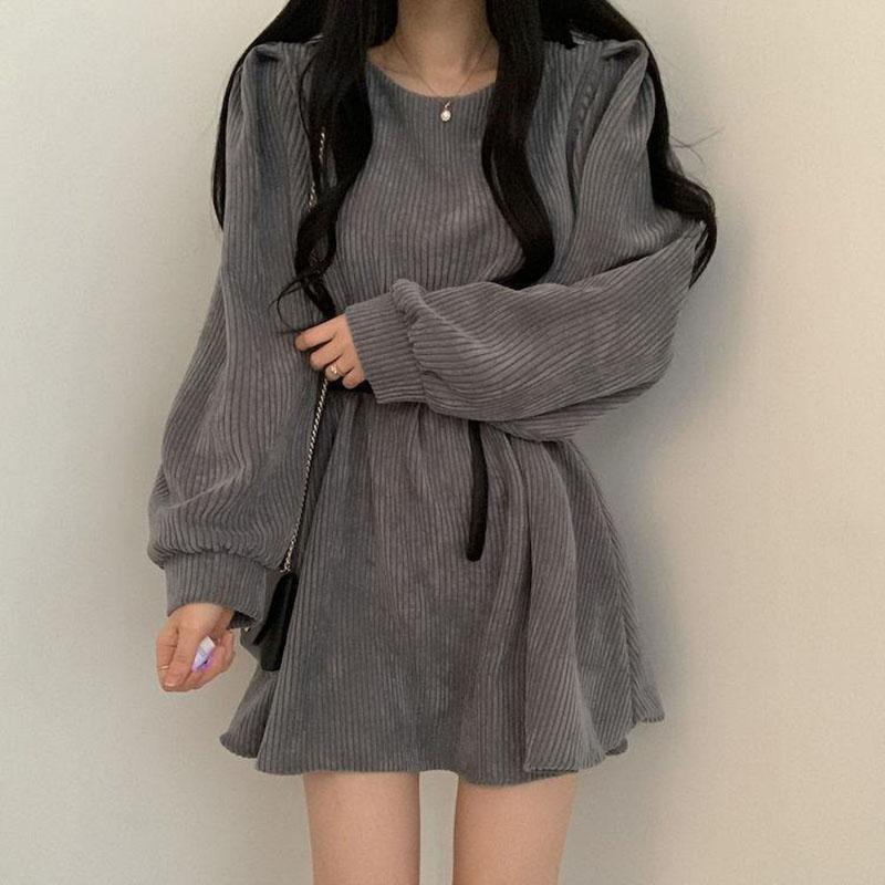 Corduroy Sashes Dresses Women Korean Preppy Puff Sleeves Casual A Line Mini Dress Harajuku Elegant All Match Solid Dress