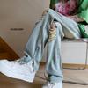 Tie-dye Graffiti Slightly Ripped Jeans American Street Hiphop Pants Ins Trendy European and American High Street Straight Pants