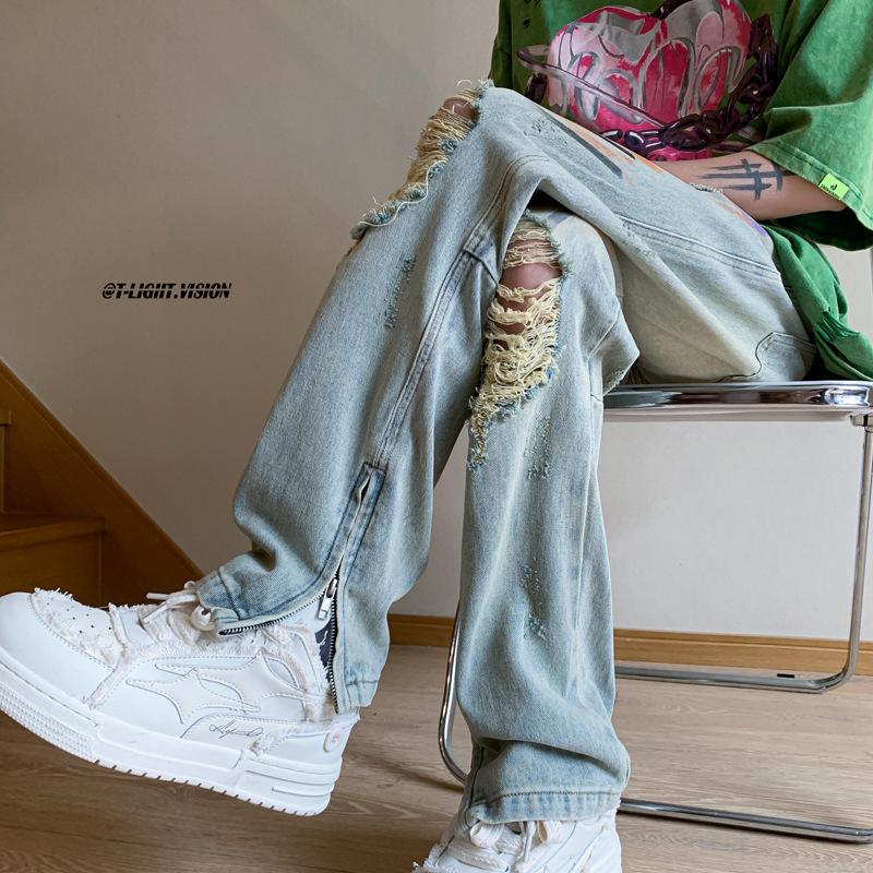 Tie-dye Graffiti Slightly Ripped Jeans American Street Hiphop Pants Ins Trendy European and American High Street Straight Pants