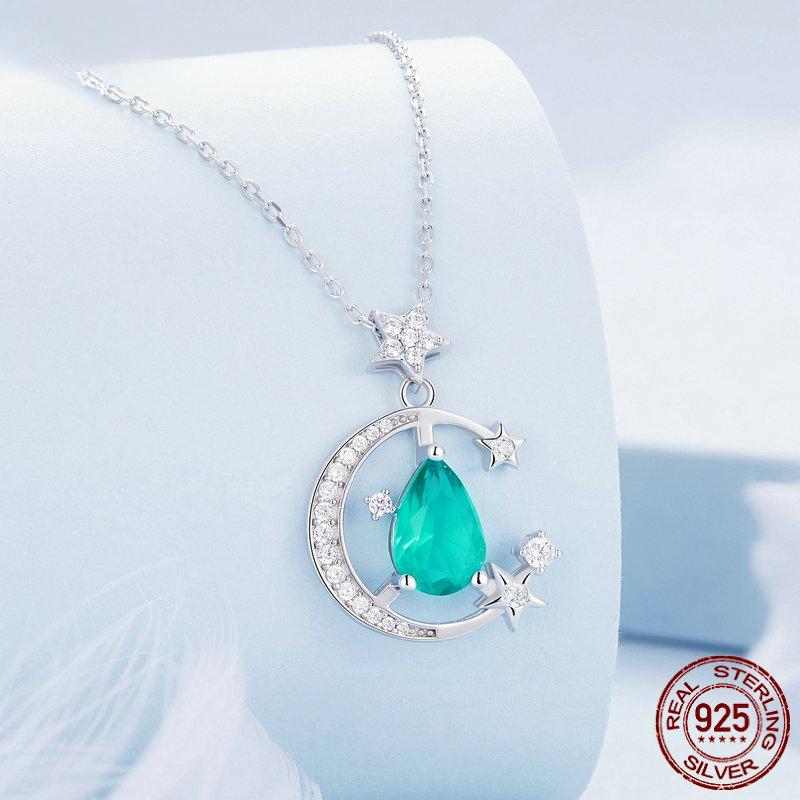 S925 Sterlingsølv Halsmåne- og stjerneanheng Halskjede Lysegrønn Waterdrop Halskjede for kvinner Fine smykker