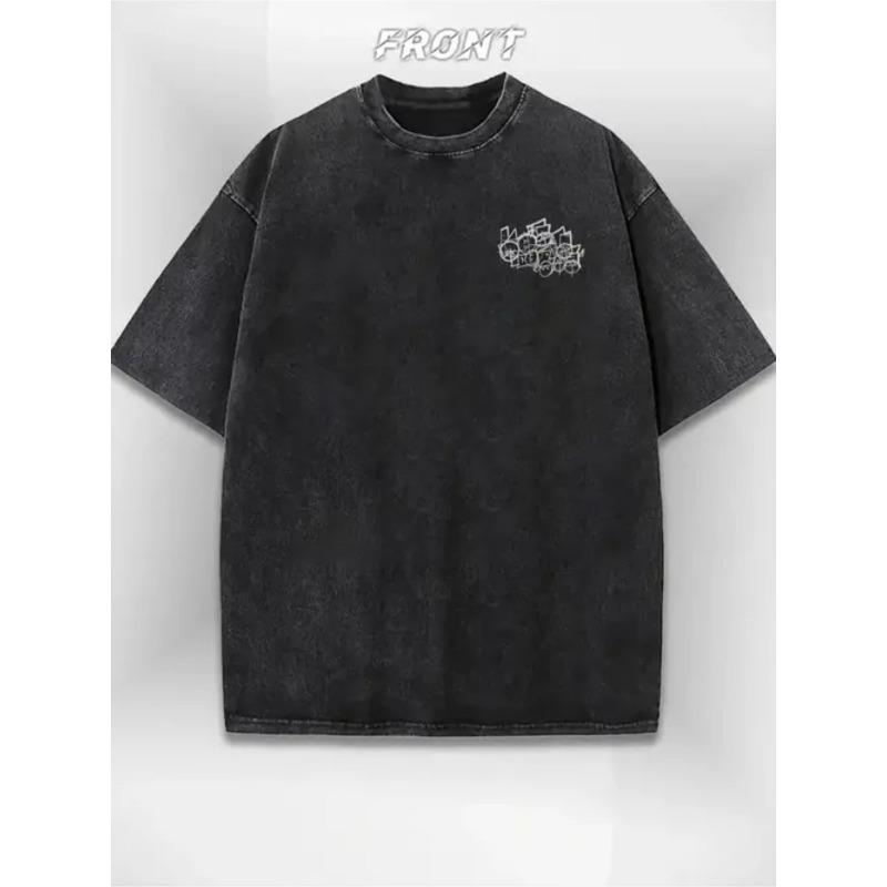 

European Size Men S Vintage Washed T-Shirt | Breathable Loose Fit Retro Geometric Fist Print Tee for Casual Streetwear, Parties and All-Season Comfort S чёрный