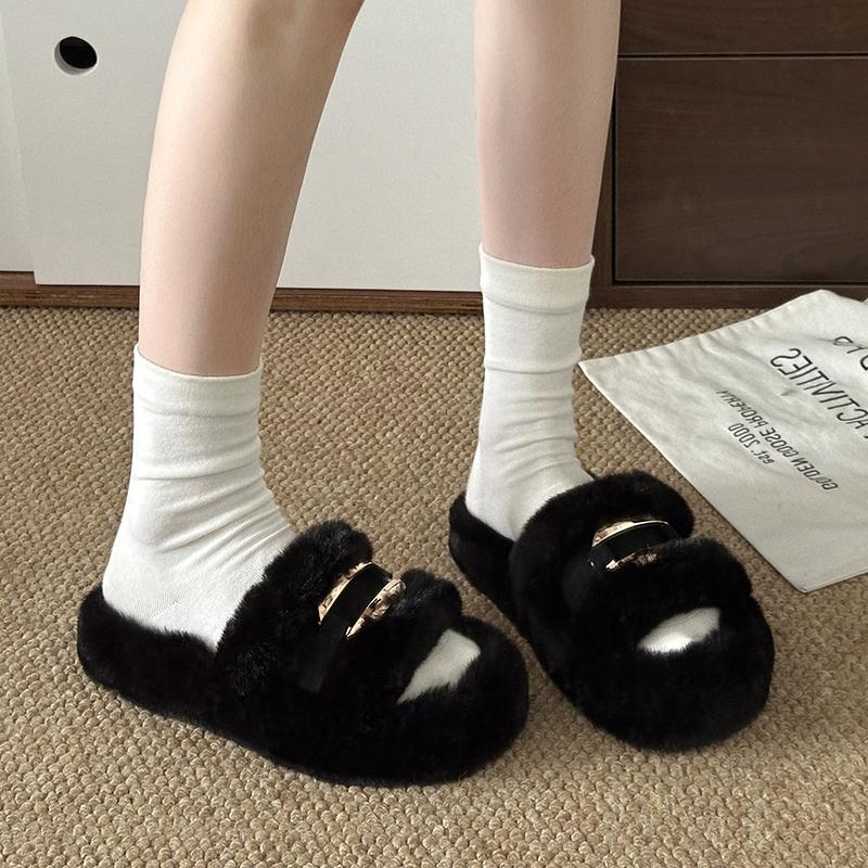 Women Fur Slippers Flats Shoes Casual Short Plush Cozy Winter Open Toe Flip Flops 2025 New Trend Slingback Slides Mujer