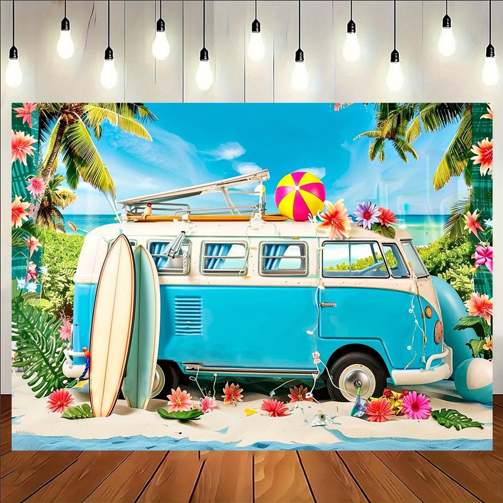 Summer Beach Party Background Banner - Tropical Hawaiian Themed Polyester Photo Background with Vintage Blue Van