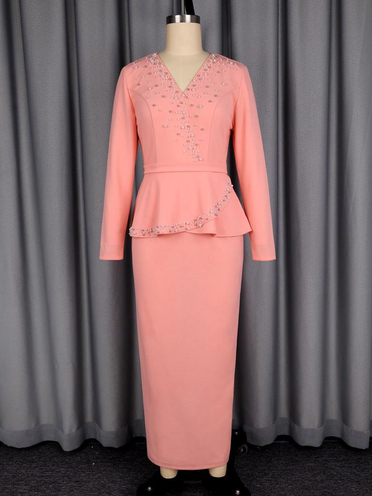 Elegant Plus Size Pink Rhinestone Dress with Ruffle Sleeves and Waist-Cinched Skirt for Formal Events