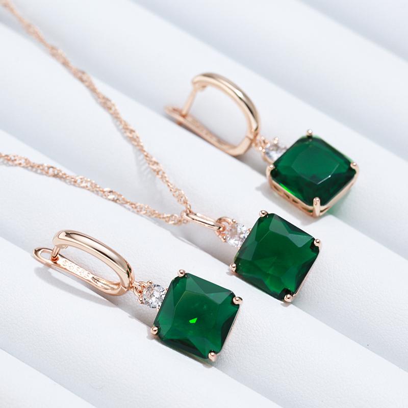 Square Green Stone Long Dangle Earrings For Women  Rose Gold Color With Natural Zircon Accessories Daily Jewelry