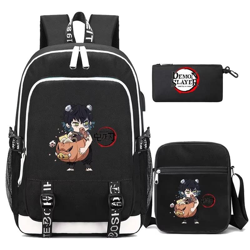 New student schoolbag three-piece set, ghost extinguishing peripheral printed backpack, men's and women's versatile casual shoulder bag, pencil bag.