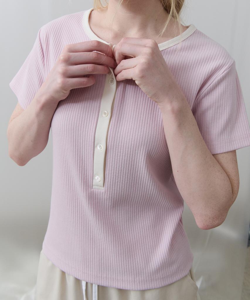 Toabe Contrast Ribbed Half-Open Tee (Pink)
