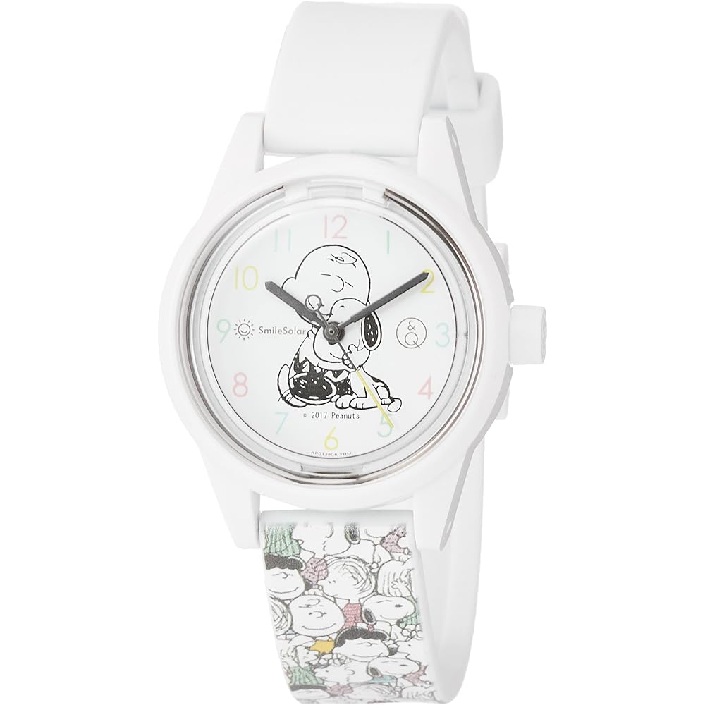 Q&Q SmileSolar (Q&Q Smile Solar) Solar-Powered Analog Watch with Snoopy Design, Waterproof Urethane Strap, RP01-806, All-Over Print, White