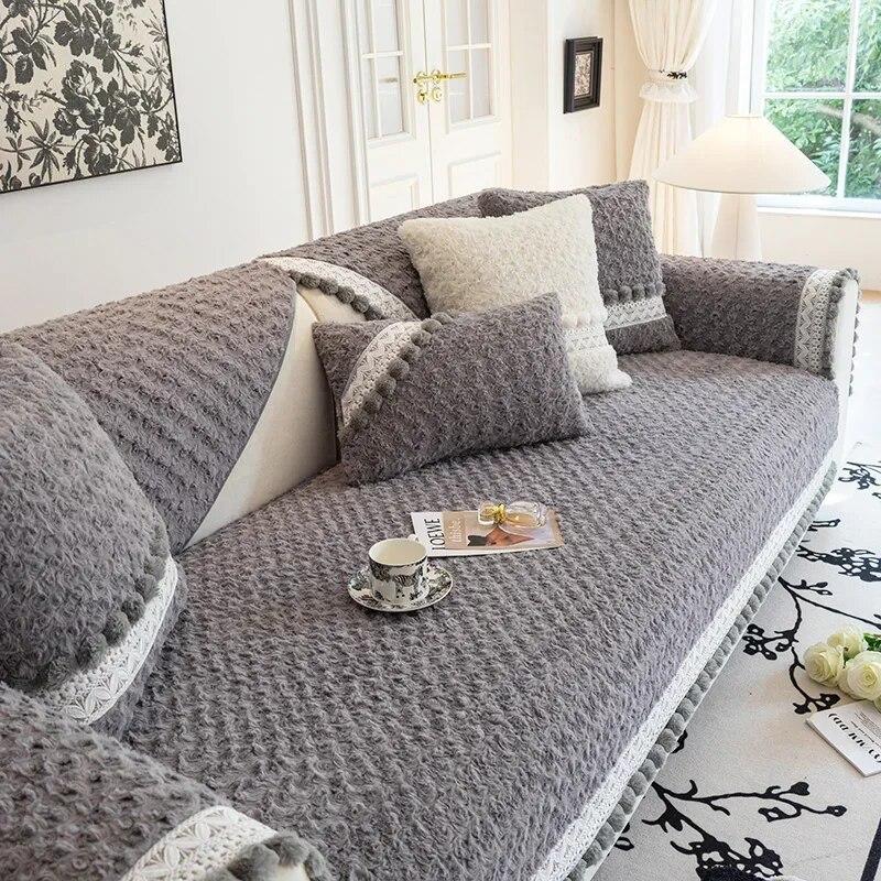 

Кремовый стильный плюшевый коврик для дивана, универсальный противоскользящий коврик для дивана «Четыре сезона», меховые шарики, края с кисточками, осень-зима, кожаный чехол для дивана 70x70cm