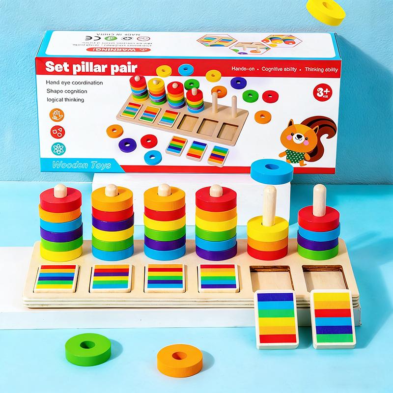 Montessori Memory Training Color Matching Game Wooden Rainbow Ring Set Colors Sorting Logical Thinking Children Educational Toys