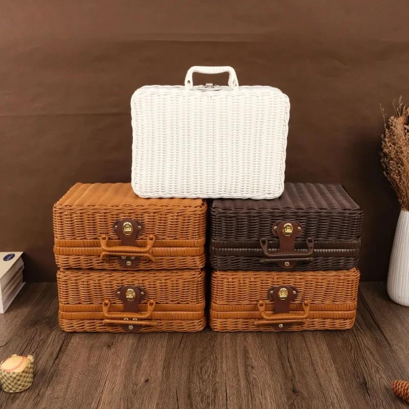 Handmade Wicker Suitcase Portable Dust-proof Round Picnic Basket Large Capacity Anti-impact Rattan Woven Luggage Box for Home
