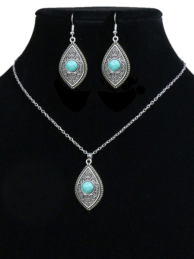 Bohemian Zircon Set Simple Turquoise Earrings Silver Geometric Set Turquoise Pendant Necklace