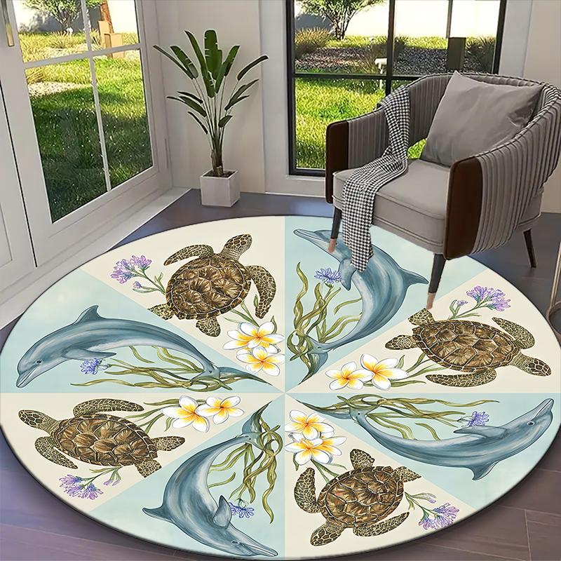 1pc Deep Blue Sea Turtle Carpet for Room Floor Mat, Comfortable Office Chair Printed Round Rug, Beautiful Hotel Rug