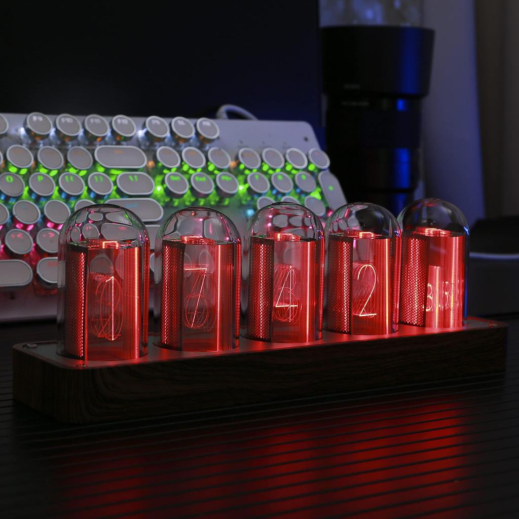 ClocTeck Nixie Tube Clock with Sync 16 Million Colors Retro Modern Wooden Digital Clock Wi-Fi & Customizable,