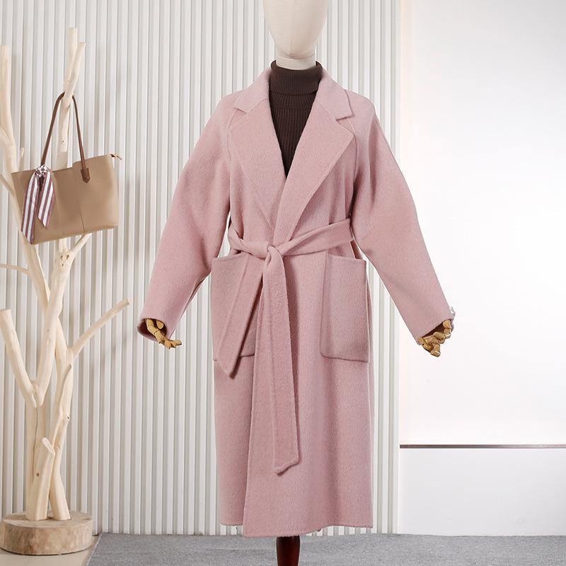 

Новое ленивое ветрозащитное пальто из двусторонней шерсти с лацканами на шнуровке, свободного кроя, женское пальто, осенне-зимнее шерстяное пальто M розовый