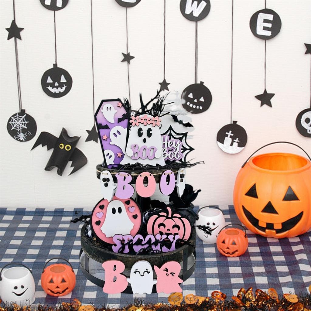 Halloween Party Decor Set with 14pcs Cute Ghost Pumpkin Wooden Signs Ornaments for Home Table Tiered Tray Supplies