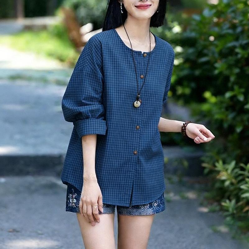 ZANZEA Women Casual Round Neck Long Sleeve Plaid Print Blouse