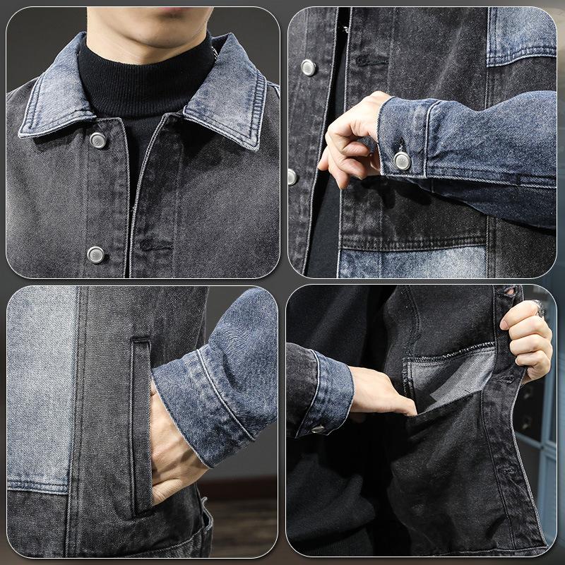 American Trendy Brand Contrasting Color Splicing Denim Jacket Men'S Loose Large Size Retro Washed Tooling Denim Jacket