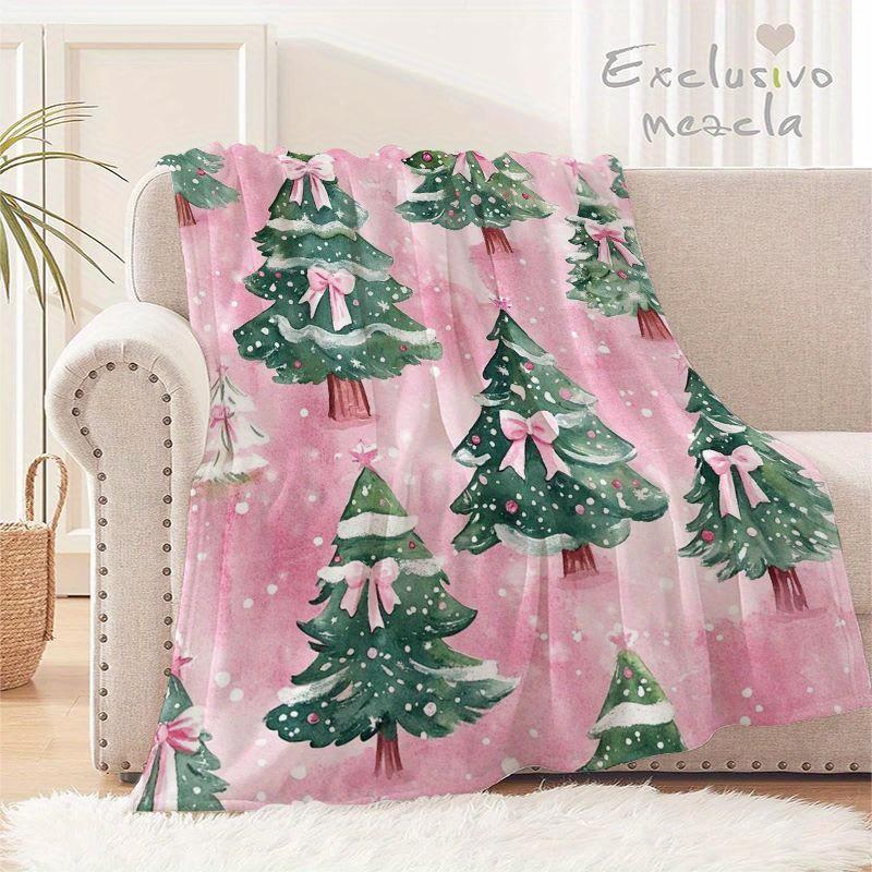 Christmas Tree Pink Flannel Throw Blanket – Soft, Cozy, Knitted Polyester Throws for Sofa, Bed, Travel – Digital Print, Lightwei