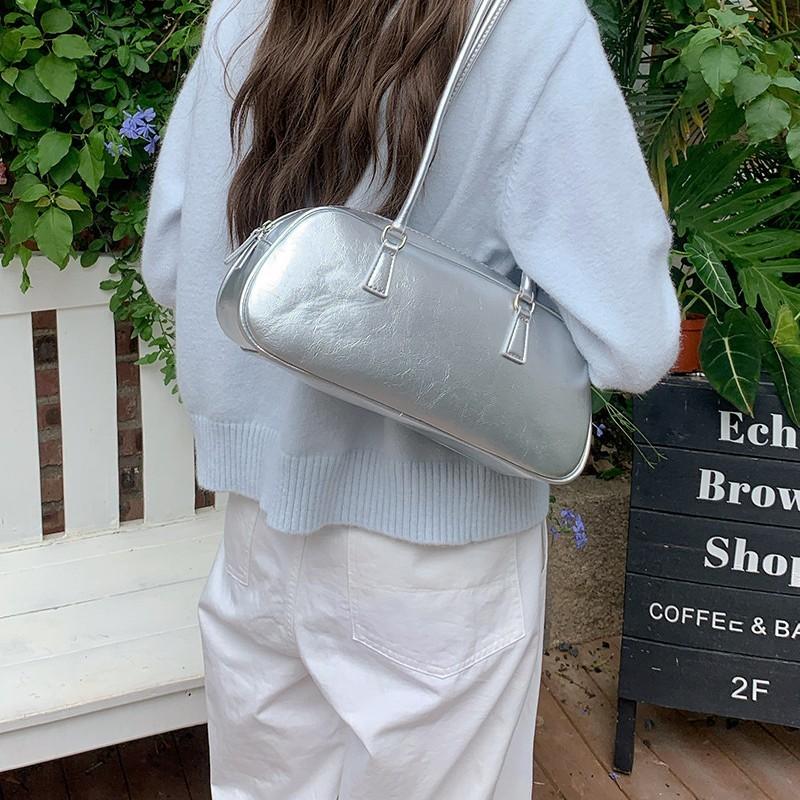 JIAERDI Vintage Silver Shoulder Bag Purse Women Fairycore Aesthetic Leather Y2k Underarm Bag Ladies Fashionable Bowling Bag Chic