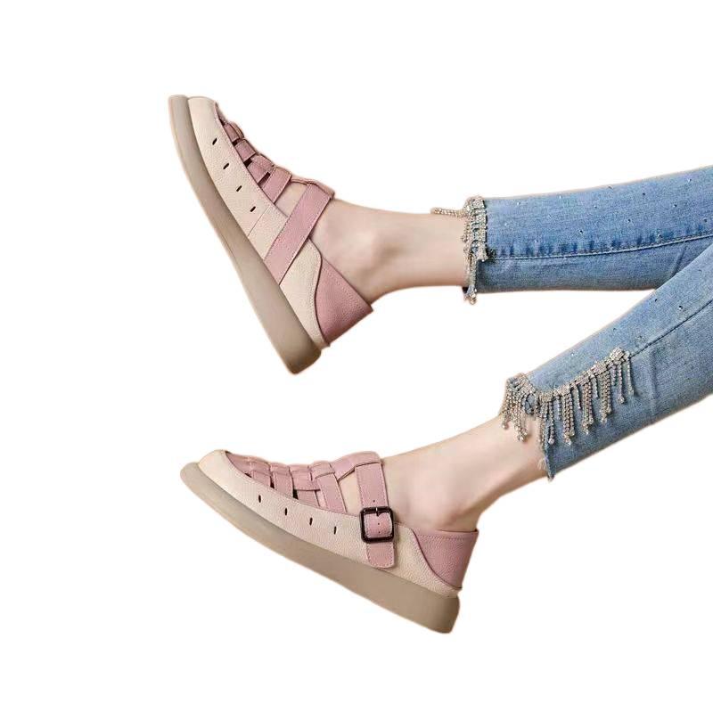 Sandalias Retro de Cuero Suave Transpirable de Punta Cerrada para Mujer Verano 2025