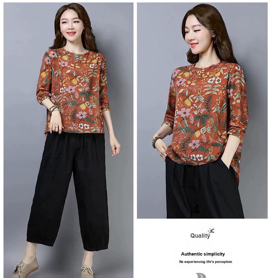 New Floral Long Sleeve T-Shirt Women Spring/Autumn Oversized Mom Style Trendy Base Layer Casual Chic
