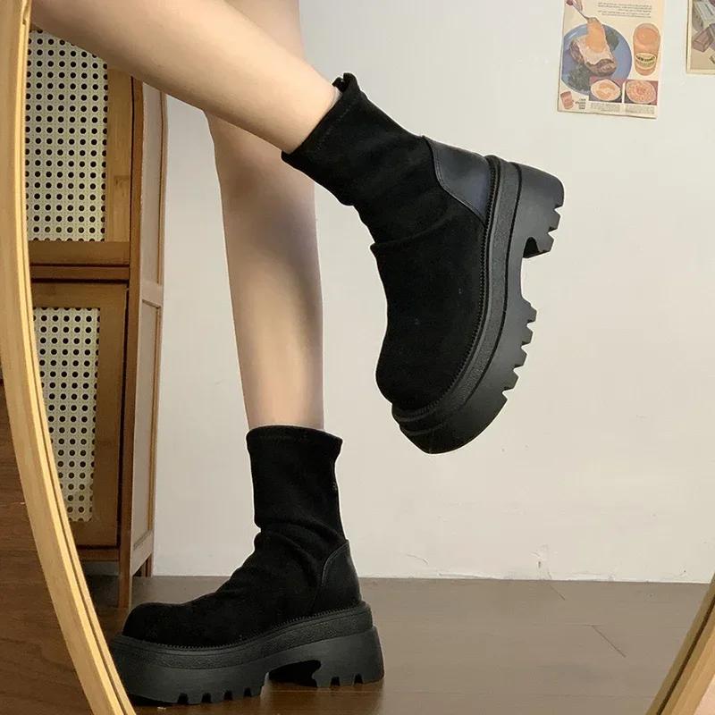 Designer Vintage Women Stretch Modern Boots Fashion Back Zippers Short Booties Ladies Elegant Thick Heel Shoes