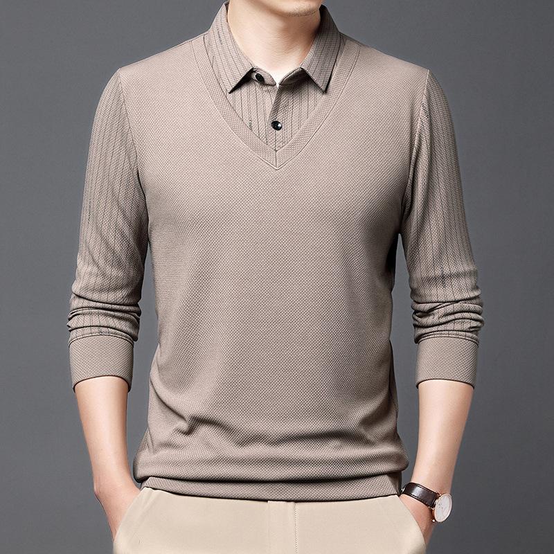 Fake Two-piece Autumn Men's New Style Lapel Striped Long-sleeved T-shirt Middle-aged Business Casual Comfortable Top Trendy Men's T-shirt