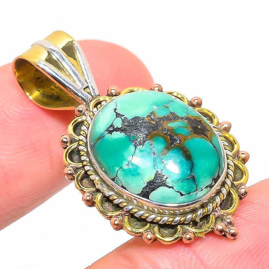 Natural Tibetan Turquoise Two Tone 925 Solid Sterling Silver Pendant 1.50'' Q9v10