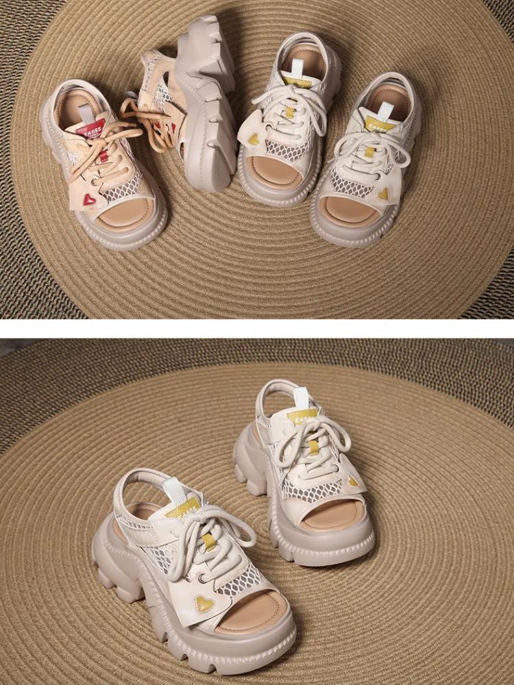 Johnature Fashion Hollowed Out Sandals Genuine Leather Thick Soled Lace Up Breathable Women's Platform Shoes