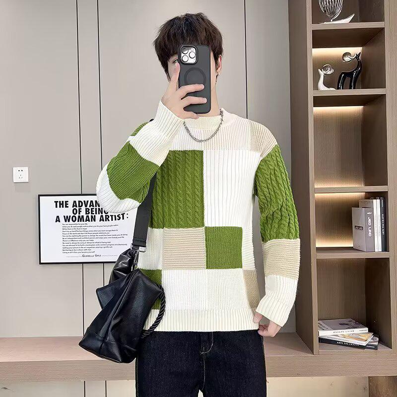 Men's Winter Thickened Color Block Knit Sweater - Warm, Casual, Trendy Fashion