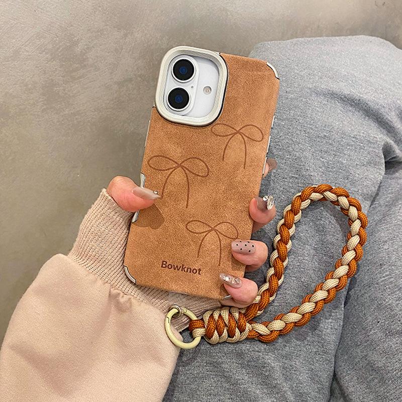 Drei Schleifen sind geeignet für Apple 16 Promax Handyhülle Iphone15 Schutzhülle 14 Braunes Ledermuster 13