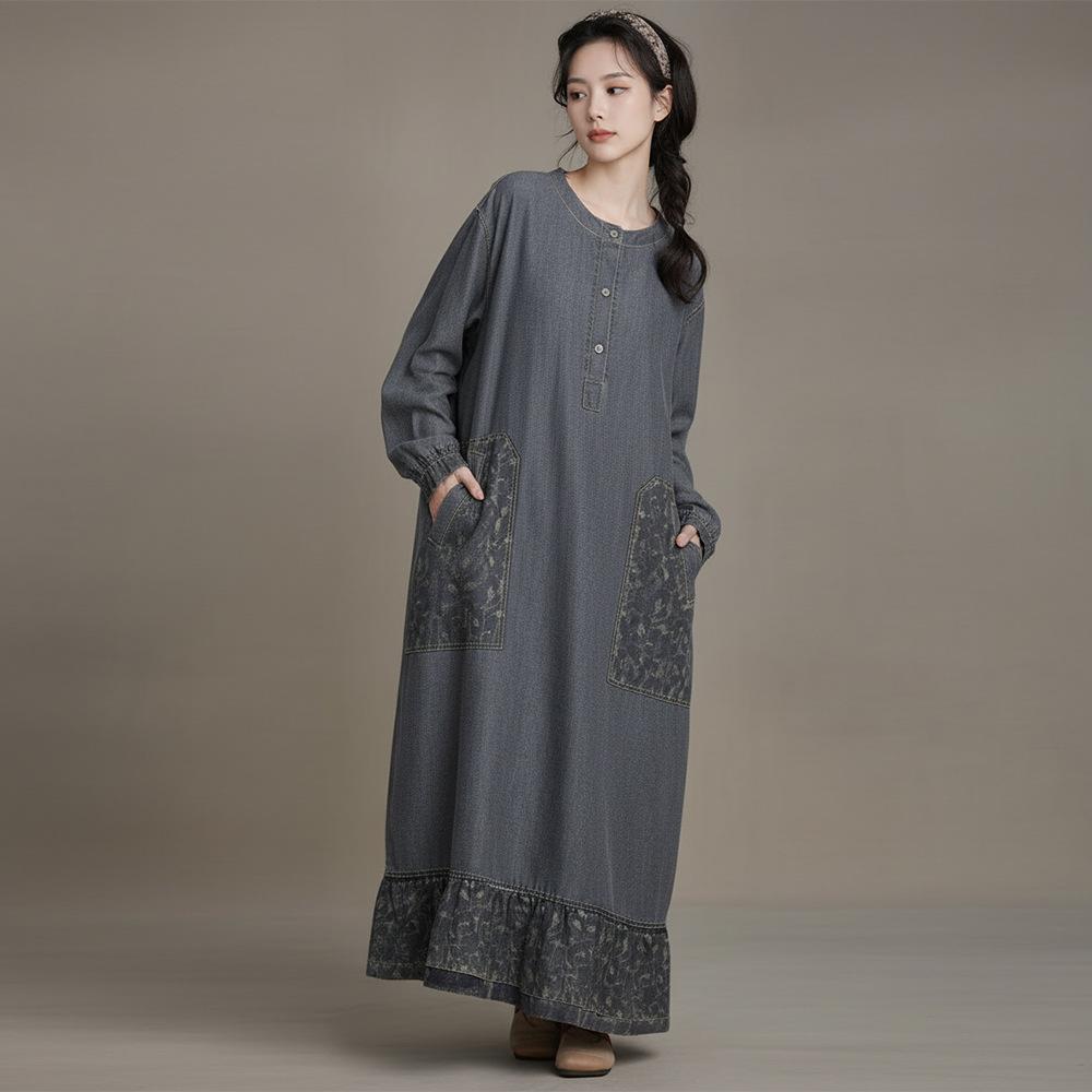 Johnature Women Vintage Dress Spring O-Neck Long Sleeve Patchwork Pockets Button Female Dresses