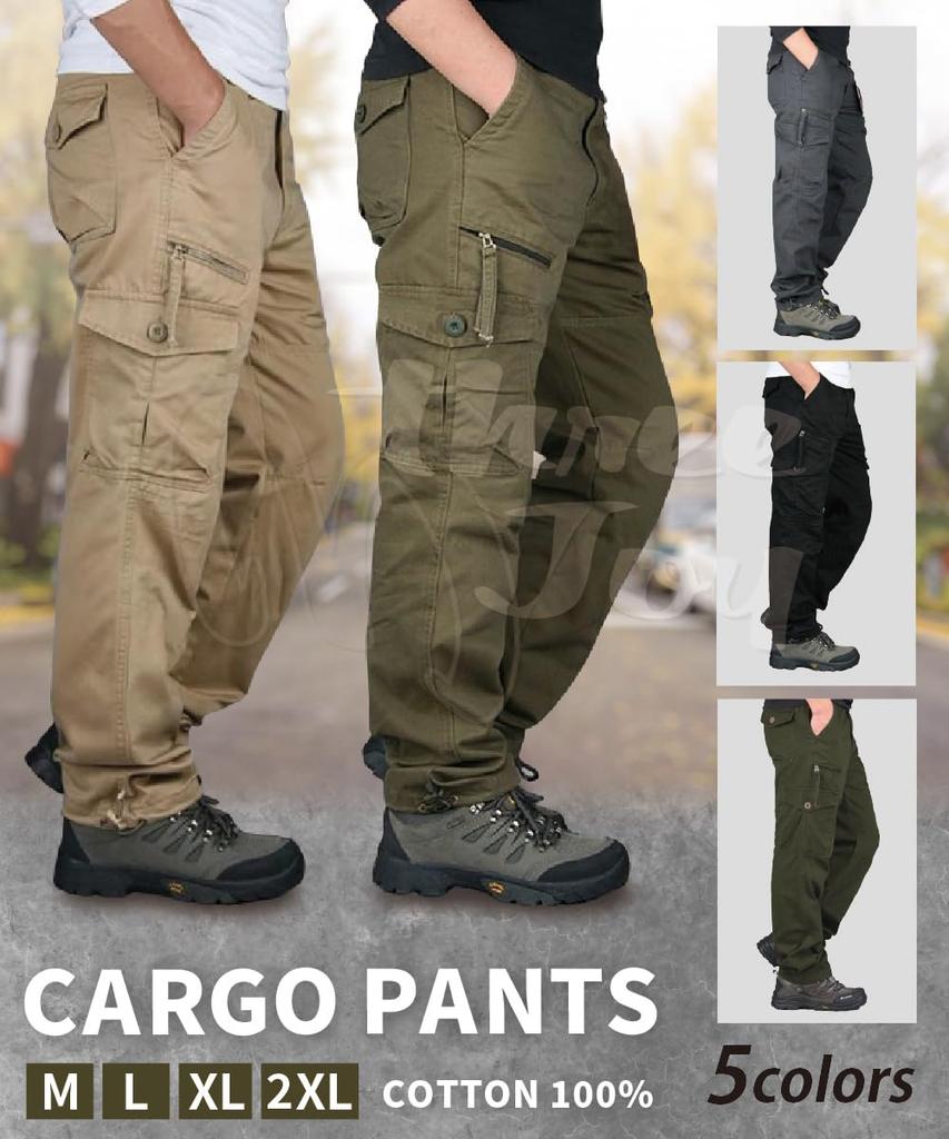 three Joy Men's Cargo Work Pants, Plus Size, Outdoor Pants, Beige, Size M