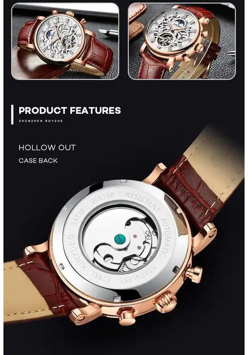 KINYUED J026 Herren Automatikuhr Lederarmband Wasserdicht Große Zifferblätter Dekoration Lässig Uhr Geschäftsleute Mechanische Uhren