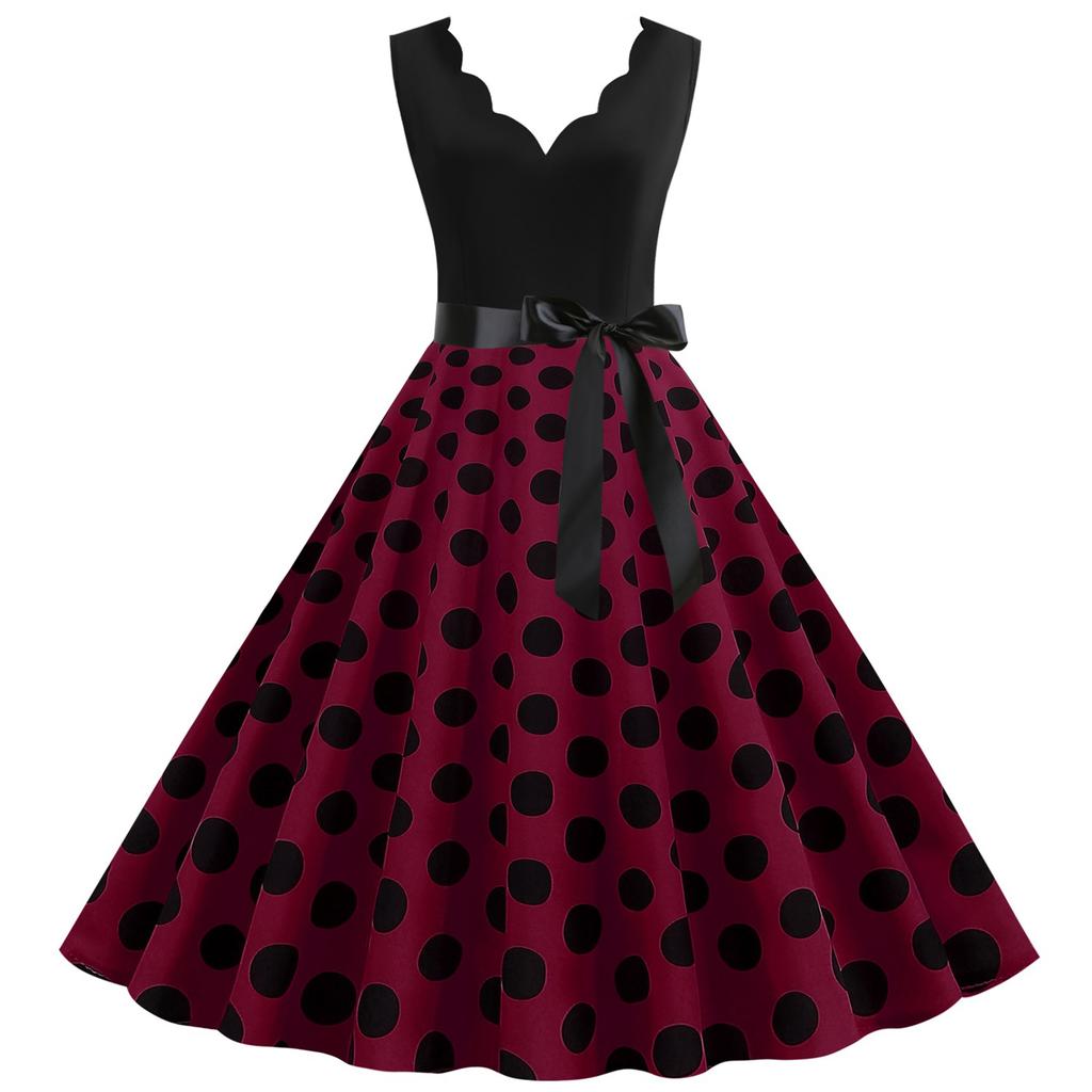 Women's Retro Wave V-Neck Sleeveless Patchwork Polka Dot Printed Large Skirt Dress