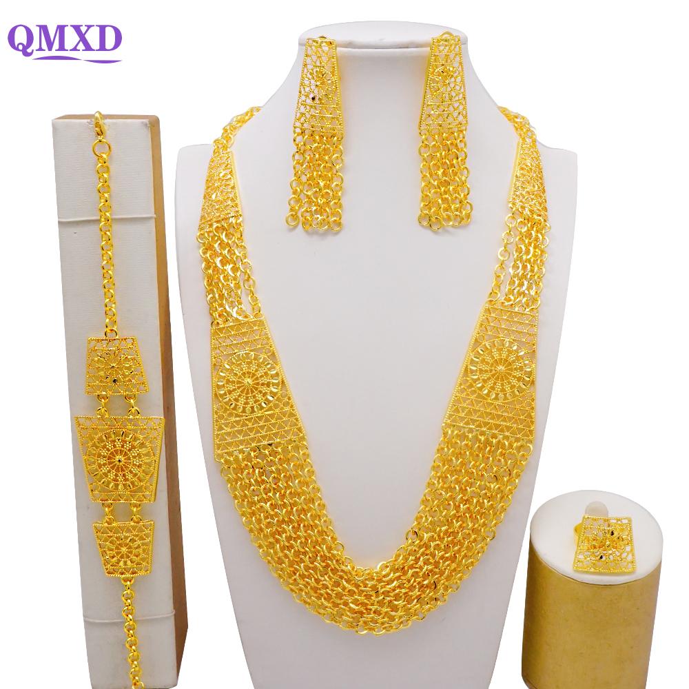 Set de bijuterii de culoare aurie din Dubai indian pentru femei Set de colier lung de mireasă, colier nigerian, bratara, cercei, seturi de inele