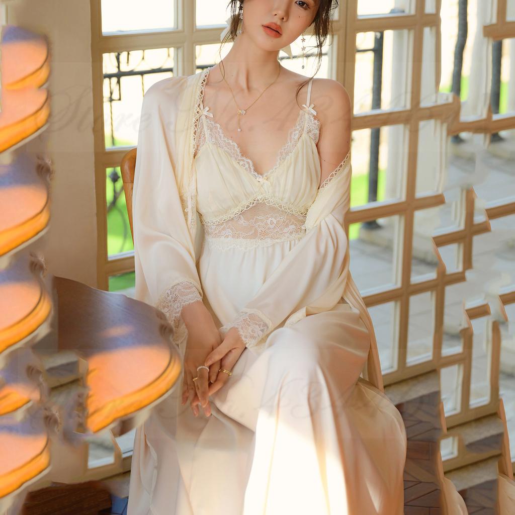 Spring Summer Kimono Bathrobe Gown Female Long 2PCS Robe Set Sleepwear Sexy Lace Nightgown Intimate Lingerie Satin Home Dress