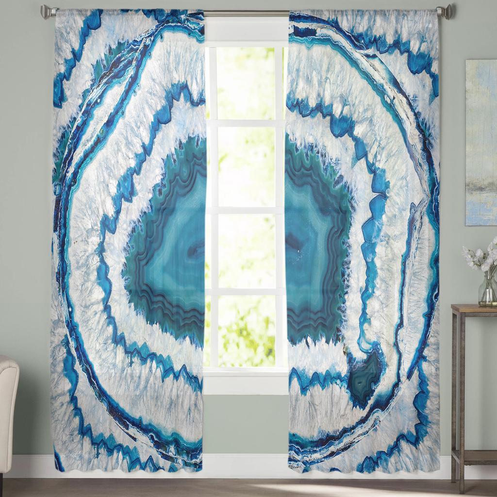 Retro Agate Texture Blue Tulle Curtains For Living Room Home Decor Window Curtain Kitchen Sheer Voile Curtain