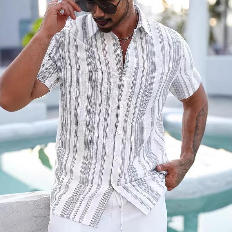 2026 Men's Summer New Style Turn-down Collar Striped Short-sleeve Casual Versatile Shirt