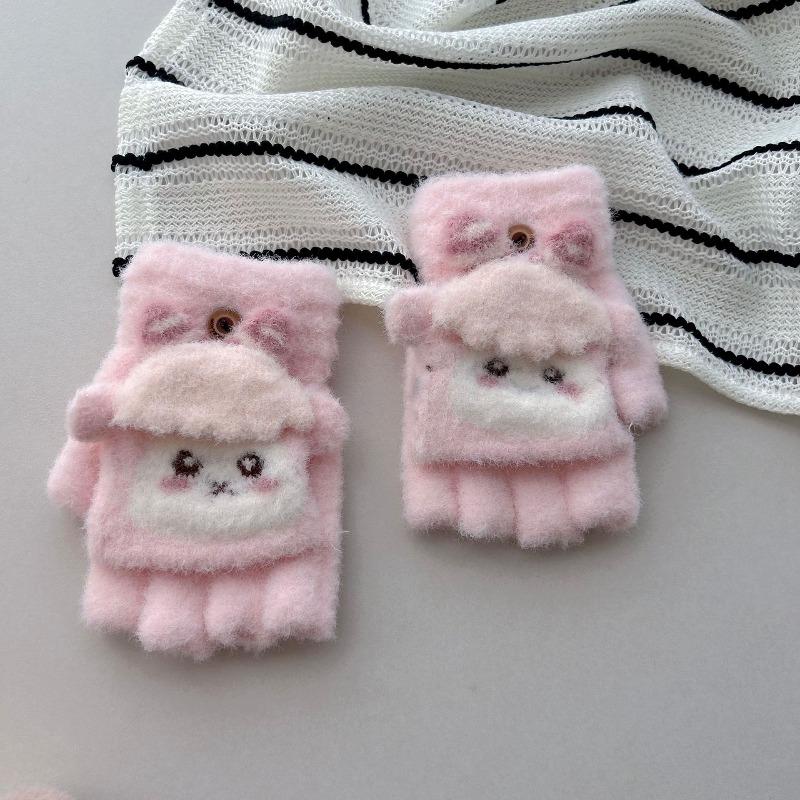 - Einjährige Kinder Strickhandschuhe mit Klappe, Damen Herbst und Winter Halbfinger mit freien Fingern, niedliche lockige Plüsch warme Schülerhandschuhe